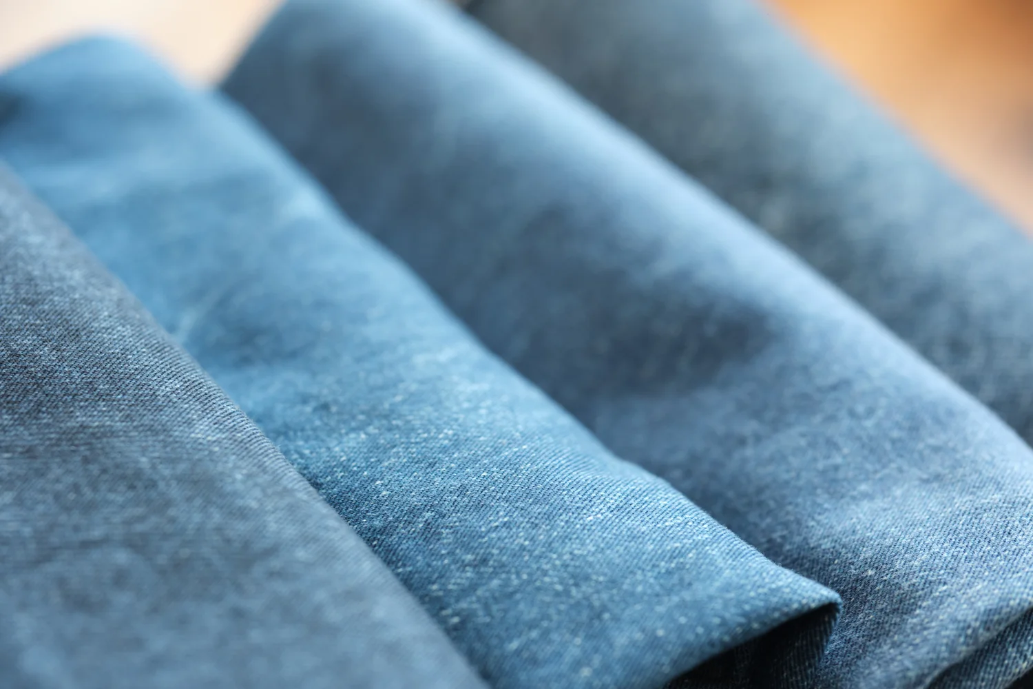 Folded WTRLSS indigo denim — the finished product, close