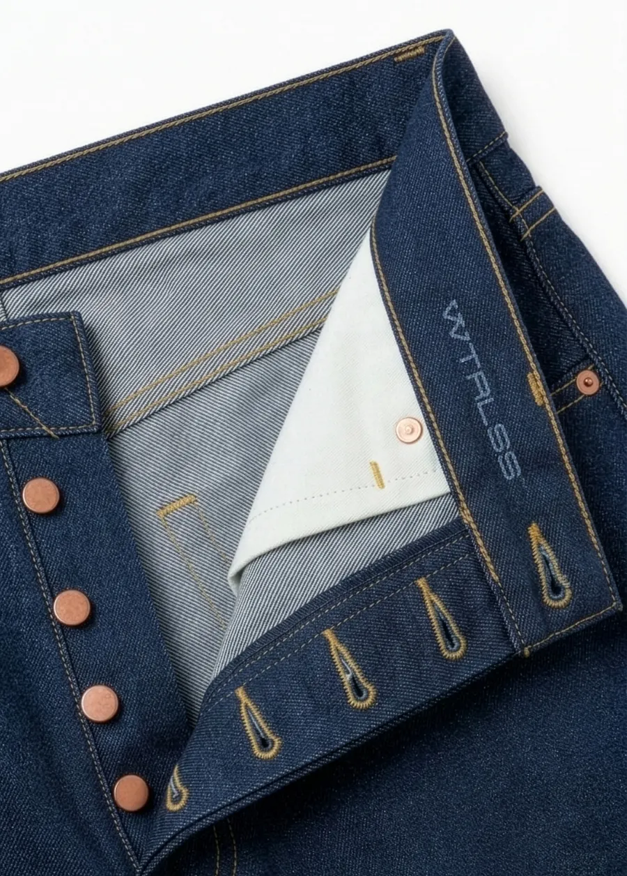 WTRLSS wordmark on the inner waistband of indigo denim