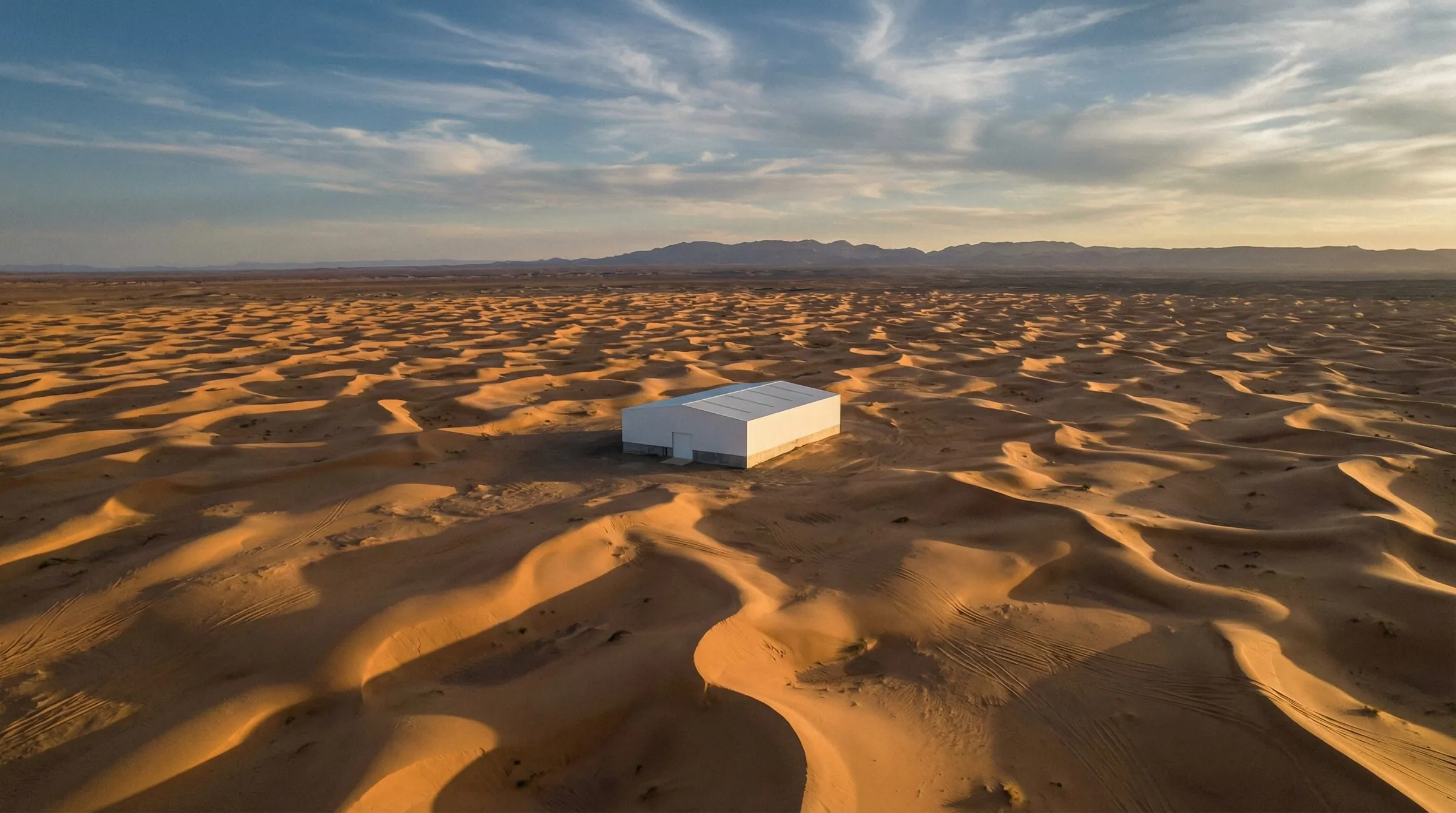 White factory building set in a desert landscape